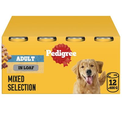 Pedigree Adult in Loaf Mixed Selection, 12 cans of 400g each, visible on yellow packaging with product name and quantity clearly shown.