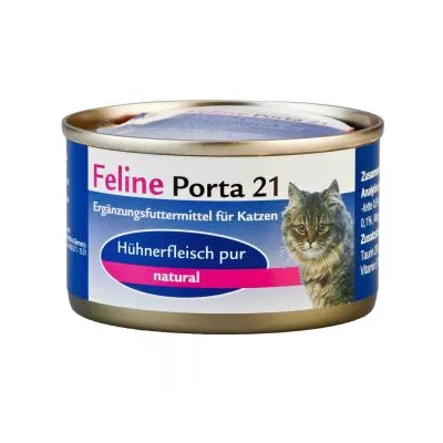 Feline Porta 21, alimento complementare per gatti. Testo visibile: Hühnerfleisch pur, natural. Etichetta blu con immagine di un gatto.