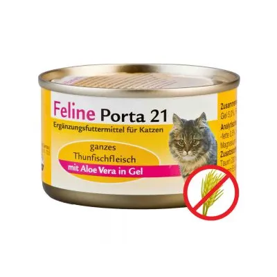 Feline Porta 21, alimento complementare per gatti, carne di tonno intera con aloe vera in gel. Simbolo senza cereali visibile sull'etichetta.