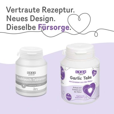 GRAU Knoblauch-Tabletten und GRAU Care Garlic Tabs mit neuem Design, gleiche Rezeptur. Text: Vertraute Rezeptur. Neues Design. Dieselbe Fürsorge.