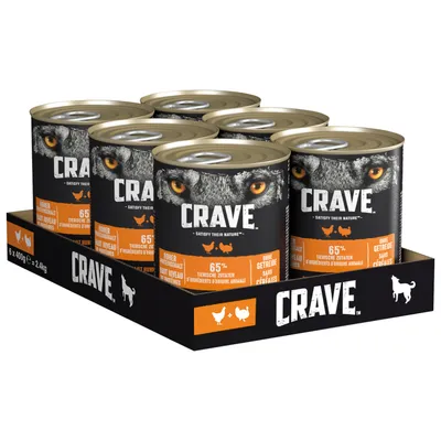 Crave comida húmeda para gatos, 6 x 400g latas, 65% ingredientes de origen animal, sin cereales, pollo y pavo. Peso total: 2,4kg.