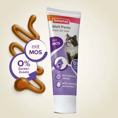 Beaphar Malt Paste mit MOS, 0% Zuckerzusatz. Unterstützt die Darmflora und hilft bei Haarballenbildung. Abgebildet: Tube und braune Paste.
