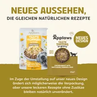 Neues Aussehen, die gleichen natürlichen Rezepte. Applaws Taste Toppers in Gravy, Chicken Breast with White Beans, Pumpkin & Peas, 85g. Neues Design, Rezept bleibt unverändert.