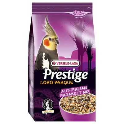 Versele-Laga Prestige Loro Parque Australian Parakeet Mix, image of cockatiel and bowl of mixed seeds on purple packaging, Optimal Freshness text visible