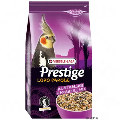 Versele-Laga Prestige Loro Parque Australian Parakeet Mix, afbeelding van parkiet en kom met zadenmix op de verpakking. Tekst: Optimal Freshness, Loro Parque Fundación.