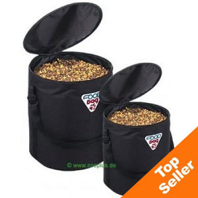 Two black fabric containers with open lids, filled with dry dog food. Both show 'FOOD dog' branding on the front. Orange badge in corner reads 'Top Seller'.