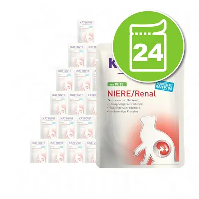 Lot de 24 sachets Kattovit NIERE/Renal mit Pute, texte visible : Niereninsuffizienz, Phosphorgehalt reduziert, Eiweißgehalt reduziert, hochwertige Proteine, améliorée Rezeptur.