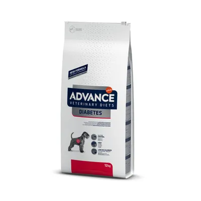 Opakowanie karmy ADVANCE Veterinary Diets Diabetes, 12 kg. Widoczny pies, napisy: NEW FORMULA, GLUCOSE CONTROL, LOW IN CALORIES, DIABETES.
