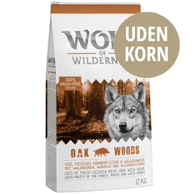 Wolf of Wilderness Oak Woods hundefoder, 12 kg. Tekst: UDEN KORN, 100% grain-free recipe, lots of fresh chicken meat and wild boar with fruits of the forest, roots and wild herbs. Wolf of Wilderness Oak Woods hundefoder, 12 kg. Tekst: UDEN KORN, 100% grain-free recipe, lots of fresh chicken meat and wild boar with fruits of the forest, roots and wild herbs.