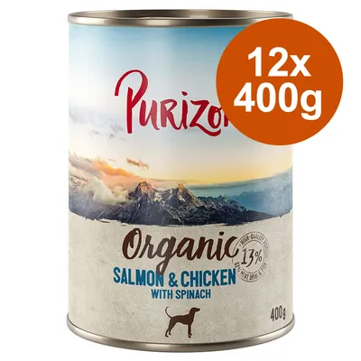 Purizon Organic Nassfutter für Hunde, Sorte Lachs & Huhn mit Spinat, 12x400g, enthält 13% Fleisch, Innereien und Brühe.