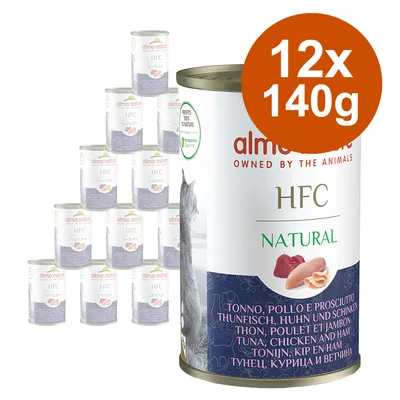 almo nature HFC Natural macskaeledel, tonhal, csirke és sonka, 12×140 g konzervcsomag, nagy fehér doboz narancssárga 12x140g felirattal