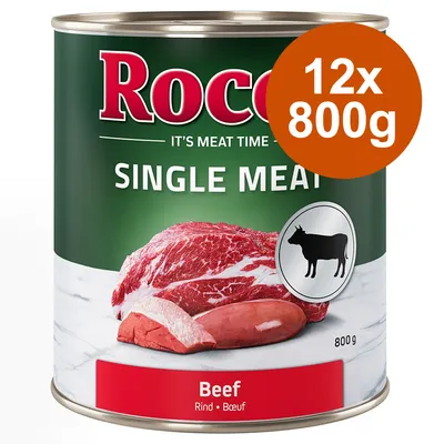 Rocco Single Meat Beef, boîte de 800 g, lot de 12. Texte visible : 'Beef', 'Rind', 'Bœuf', image de viande de bœuf et pictogramme vache. Rocco Single Meat Beef, boîte de 800 g, lot de 12. Texte visible : 'Beef', 'Rind', 'Bœuf', image de viande de bœuf et pictogramme vache.