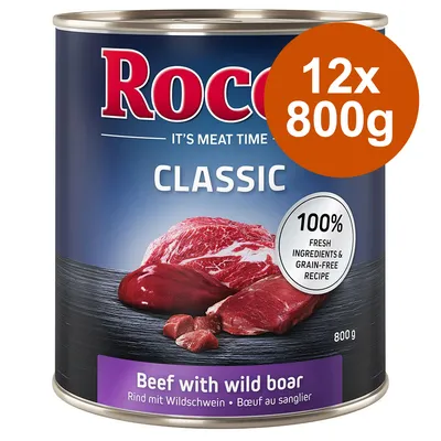 Rocco Classic Beef with wild boar, 12x800g, 100% fresh ingredients & grain-free recipe, Rind mit Wildschwein, Dose mit Fleischabbildung.