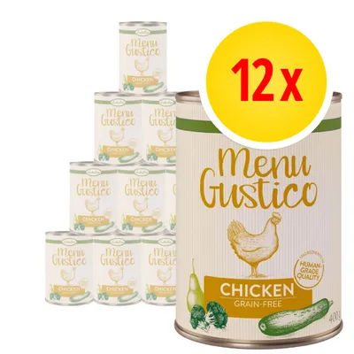 12× Menu Gustico Chicken Grain-Free, konzervy 400 g. Na etiketě kuře, okurka, brokolice, nápis Human Grade Quality.