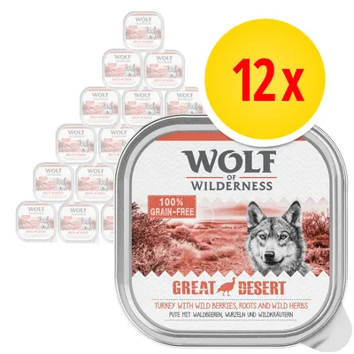 Wolf of Wilderness Great Desert, 12× vanička, 100% grain-free, Turkey with wild berries, roots and wild herbs. Text v angličtině a němčině na obalu.