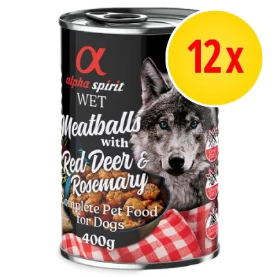 alpha spirit Wet Meatballs with Red Deer & Rosemary, Complete Pet Food for Dogs, 400g. Förpackning med 12 burkar synlig.