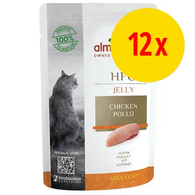 Sachet Almo Nature HFC Jelly poulet pour chat adulte, texte visible : 100% profits to nature, Chicken Pollo, 12x, fondazione Capellino, QR code, image de chat et morceau de poulet.