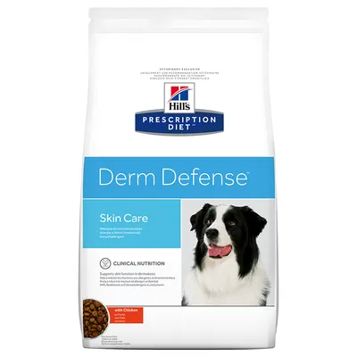 Hill's Prescription Diet Derm Defense Skin Care z kurczakiem, opakowanie karmy dla psa, zdjęcie psa na froncie, widoczne granulki karmy.