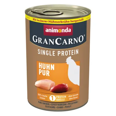 Animonda GranCarno Single Protein Huhn Pur, wyprodukowana z bulionem drobiowym, 100% świeżych składników, bez zbóż i glutenu, jedno źródło białka.