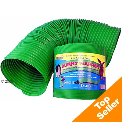 Tunnel vert extensible en plastique avec étiquette Bunny Warren, texte anglais visible. Bande orange en bas à droite avec inscription Top Seller.