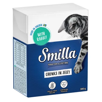 Smilla Chunks in Jelly med kanin, Made in Sweden, 380g. Spannmålsfritt recept, innehåller taurin. Förpackningen visar katt och utfodringsrekommendation på sidan.