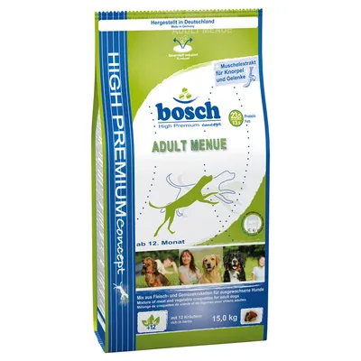 Sac de croquettes bosch High Premium concept ADULT MENUE, 15 kg, protéines 23,5 %, matières grasses 13,5 %, extrait de moule pour articulations, dès 12 mois, fabriqué en Allemagne. Sac de croquettes bosch High Premium concept ADULT MENUE, 15 kg, protéines 23,5 %, matières grasses 13,5 %, extrait de moule pour articulations, dès 12 mois, fabriqué en Allemagne.