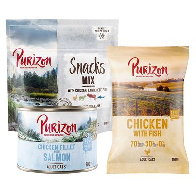 Confezione prova: Purizon Crocchette, Alimenti umidi e Snack per gatto 40 g snack (Mix: Pollo, Agnello, Manzo e Pesce) + 200 g umido (Filetto di Pollo con Salmone) + 150 g Crocchette (Adult Pollo & Pesce)