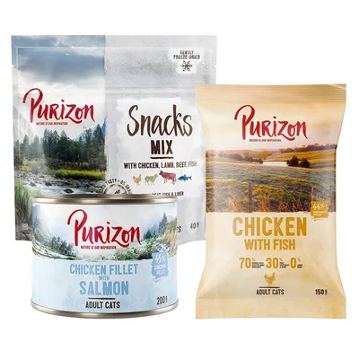 Confezione prova: Purizon Crocchette, Alimenti umidi e Snack per gatto - 40 g snack (Mix: Pollo, Agnello, Manzo e Pesce) + 200 g umido (Filetto di Pollo con Salmone) + 150 g Crocchette (Adult Pollo & Pesce) Confezione prova: Purizon Crocchette, Alimenti umidi e Snack per gatto - 40 g snack (Mix: Pollo, Agnello, Manzo e Pesce) + 200 g umido (Filetto di Pollo con Salmone) + 150 g Crocchette (Adult Pollo & Pesce)