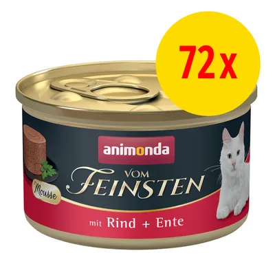 animonda vom Feinsten Mousse mit Rind + Ente, Abbildung einer Dose mit weißer Katze, gelber Kreis mit roter Aufschrift 72x