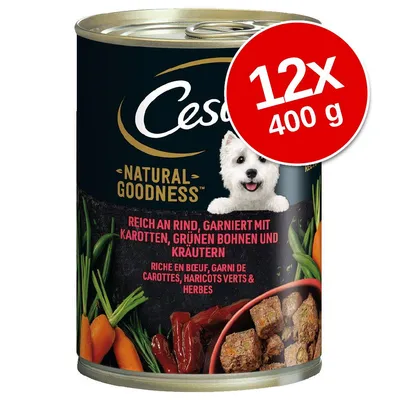 Cesar Natural Goodness konzerv, 12×400 g, marhahússal, sárgarépával, zöldbabbal és fűszernövényekkel. Felirat: REICH AN RIND, GARNIERT MIT KAROTTEN, GRÜNEN BOHNEN UND KRÄUTERN. Cesar Natural Goodness konzerv, 12×400 g, marhahússal, sárgarépával, zöldbabbal és fűszernövényekkel. Felirat: REICH AN RIND, GARNIERT MIT KAROTTEN, GRÜNEN BOHNEN UND KRÄUTERN.