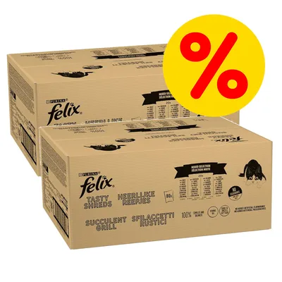 Purina Felix Tasty Shreds multipack, selezione mista, 2 scatole con simbolo di sconto. Purina Felix Tasty Shreds multipack, selezione mista, 2 scatole con simbolo di sconto.