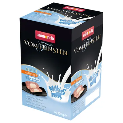 Animonda Vom Feinsten Adult s hydinou a smotanovým jadrom, Milkies, 6 x 100 g. Balenie zobrazuje produkt s krémovou náplňou.