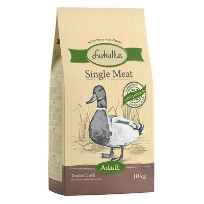 Lukullus Single Meat Adult, hidegen sajtolt, Tender Duck, 10 kg. Természetes kutyaeledel kacsával felnőtt kutyáknak.