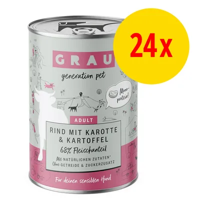 Grau Adult Rind mit Karotte & Kartoffel, 68% Fleischanteil, Monoprotein, ohne Getreide & Zuckerzusatz. Für deinen sensiblen Hund. 24x.