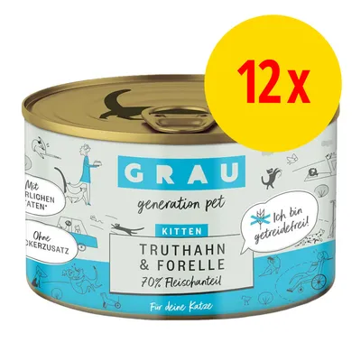 GRAU Kitten Truthahn & Forelle, 70% Fleischanteil, ohne Zuckerzusatz, mit natürlichen Zutaten, getreidefrei. Packung enthält 12 Dosen. Für deine Katze.