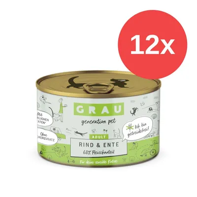 GRAU Adult Katzennahrung Rind & Ente, 68% Fleischanteil, getreidefrei, ohne Zuckerzusatz, mit natürlichen Zutaten. Packung enthält 12 Dosen.