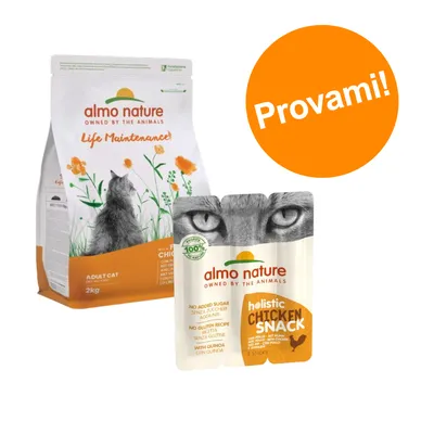 Set prova misto! Almo Nature Holistic con Pollo snack + secco per gatti - 2 kg crocchette + 15 g snack Set prova misto! Almo Nature Holistic con Pollo snack + secco per gatti - 2 kg crocchette + 15 g snack