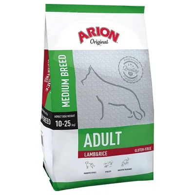 ARION Original Medium Breed Adult Lamb & Rice, gluten-free. Til voksne hunde 10–25 kg. Tekst: Prebiotic effect, vitality, digestive tolerance. Premium Quality Product-mærke synligt.