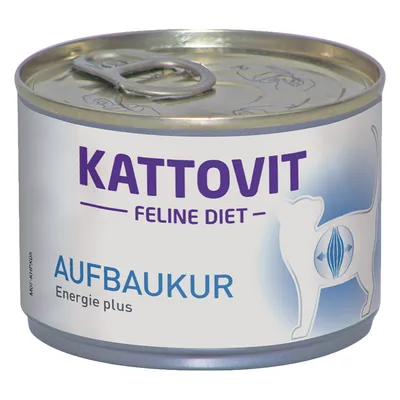 Konzerva Kattovit Feline Diet AUFBAUKUR Energie plus, ilustrace kočky na etiketě. Text v němčině.