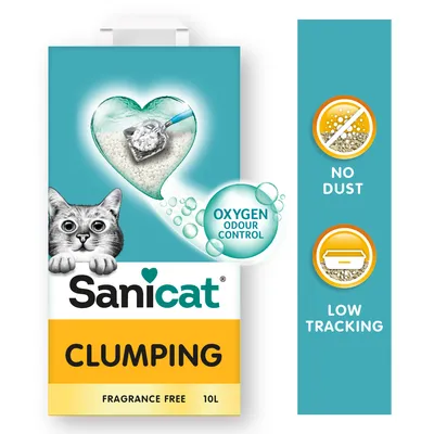 Sanicat clumping cat litter, 10L, unscented. Features: Oxygen Odour Control, no dust, low tracking.