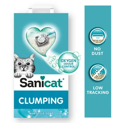 Sanicat Clumping Marseille Soap cat litter, 10L. Features: Oxygen Odour Control, no dust, low tracking.