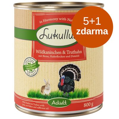 Konzerva Lukullus Wildkaninchen & Truthahn, Adult, 800 g. Akce: 5+1 zdarma. Text: Original taste, Ursprünglicher Geschmack, Wild Rabbit & Turkey with pear, oat flakes and safflower oil.