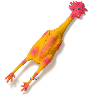 Jouet en forme de poulet jaune et rose, matière plastique, sans marque visible.