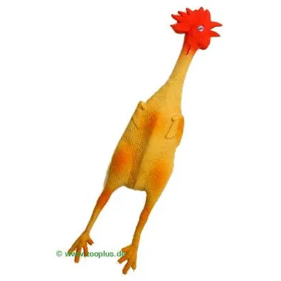 Zabawka w kształcie żółtego kurczaka z czerwonym grzebieniem, wykonana z gumy. Widoczne logo www.zooplus.de w lewym dolnym rogu.
