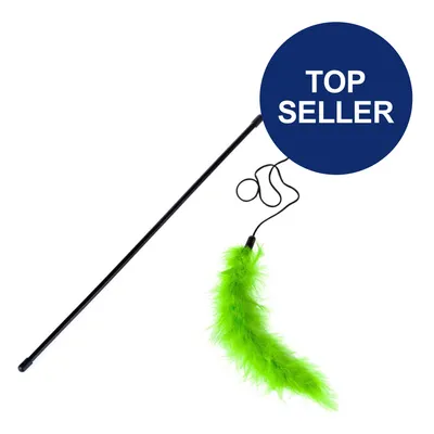 Spielangel mit grünem Federanhänger und schwarzem Stab. Blauer Kreis mit Text 'Top Seller'.