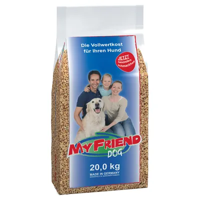 Vreća pseće hrane My Friend Dog, 20,0 kg. Tekst na njemačkom: Die Vollwertkost für Ihren Hund, Jetzt besonders schmackhaft. Made in Germany. Slika psa i tri osobe.