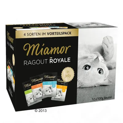 Confezione Miamor Ragout Royale In Jelly, 4 varietà, 12 buste da 100 g ciascuna. Testo in tedesco: 4 Sorten im Vorteilspack, 12 x 100g Beutel.