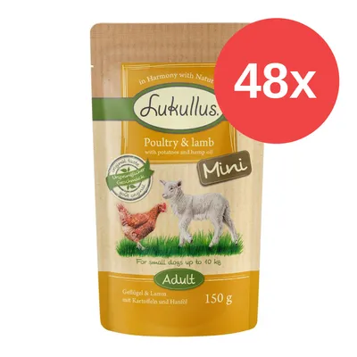 Lukullus Mini Adult ave y cordero con patatas y aceite de cáñamo, 150 g, para perros pequeños hasta 10 kg. Envase muestra pollo y cordero. 48x en círculo rojo.