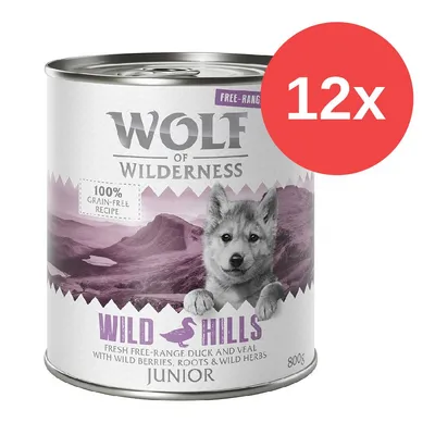 Wolf of Wilderness Junior Wild Hills, 100% getreidefreie Rezeptur, frische Freiland-Ente und Kalb mit Beeren, Wurzeln und Kräutern. 12x 800g Dosen. Wolf of Wilderness Junior Wild Hills, 100% getreidefreie Rezeptur, frische Freiland-Ente und Kalb mit Beeren, Wurzeln und Kräutern. 12x 800g Dosen.