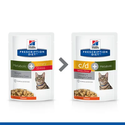 Hill's Prescription Diet kattenvoer verpakking: links 'Metabolic + Urinary Stress', rechts nieuwe verpakking 'c/d + Metabolic Urinary + Weight Care'. Smaak: Chicken.